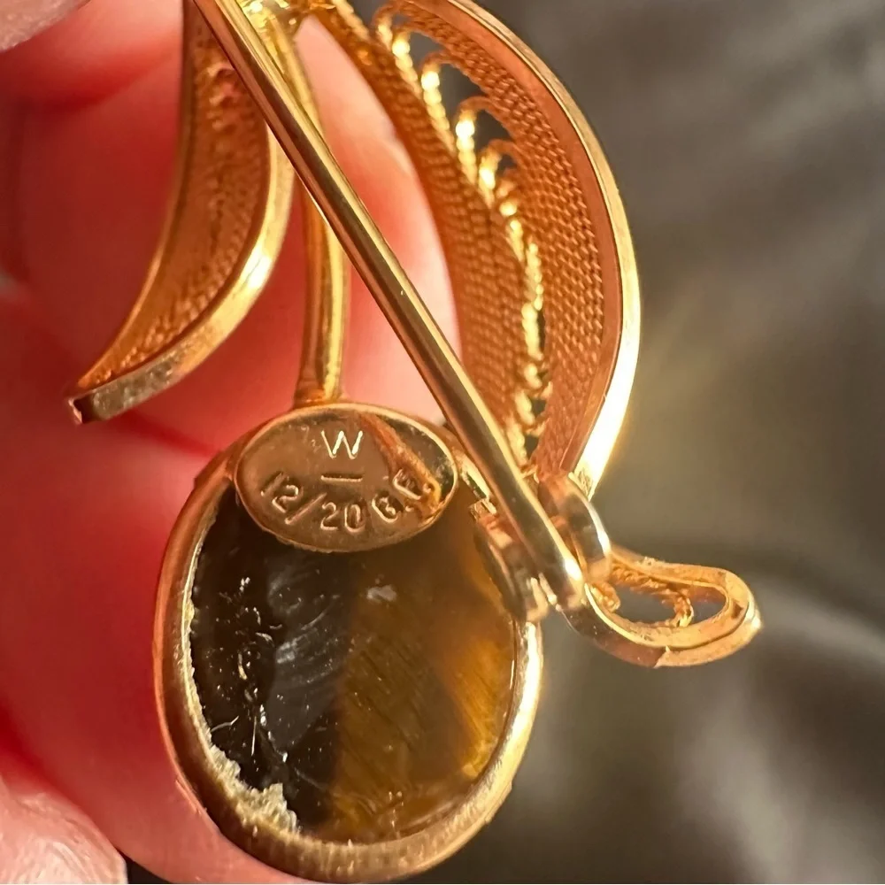 Vintage Tiger’s Eye Leaf Flower Brooch Pin 12/20 Gold Filled